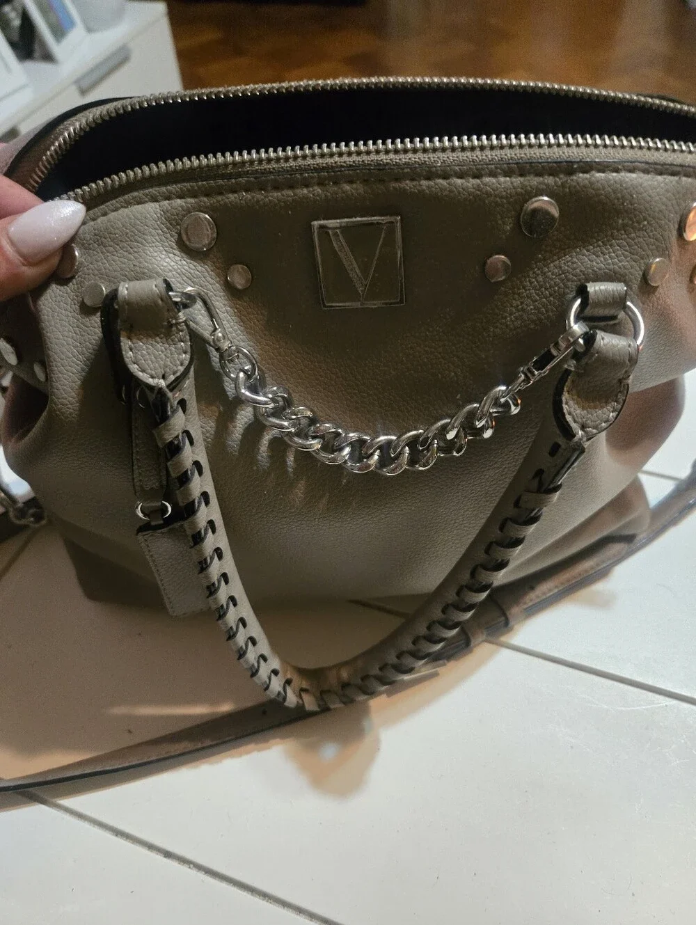 Taupe Leather Satchel with Chain Detail Nwot Victoria Secret Cross Body/ Shoulde